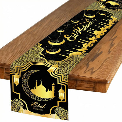 Ramadan Mosque Linen Table Runner: Black and Gold Mosque Moon Tablerunner Muslim Eid Al-fitr Eid Mubarak Perfect for Ramadan Party Home Kitchen Dining Mantel 13×72Inches(1 Pcs)