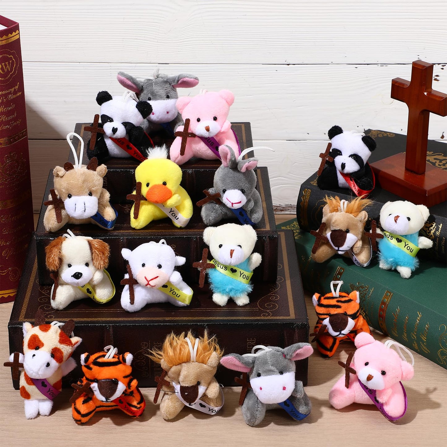 Soulchen 12 Pcs Jesus Love You Mini Plush Animal Toys for Kids Christian Small Stuffed Animal Toys with Ribbon and Cross Religious Gifts for Vbs Party Favors Easter Egg Fillers Church Decorations