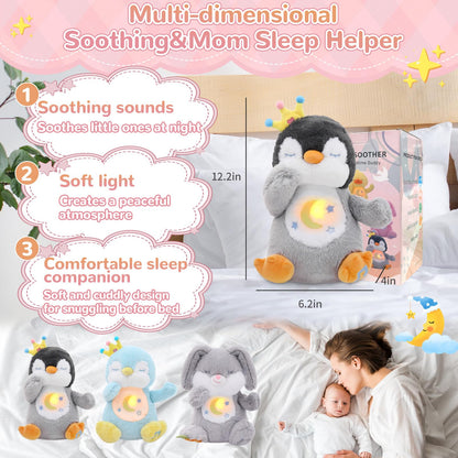 MILEGI Breathing Stuffed Animal, Soothe Snuggle Penguin & Bunny Plush, Sleep Buddy Soothing Breathing Plush for Anxiety Adults and Kids, Penguin Plushie with Realistic Breathing and Lights Music