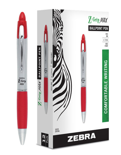 Zebra Pen, Z-Grip MAX Retractable Ballpoint Pens, Red Ink, 1.0mm Medium Point, Wide Barrel with Comfortable Grip, Silver Barrel, Metal Clip, 12-Count, (22430)