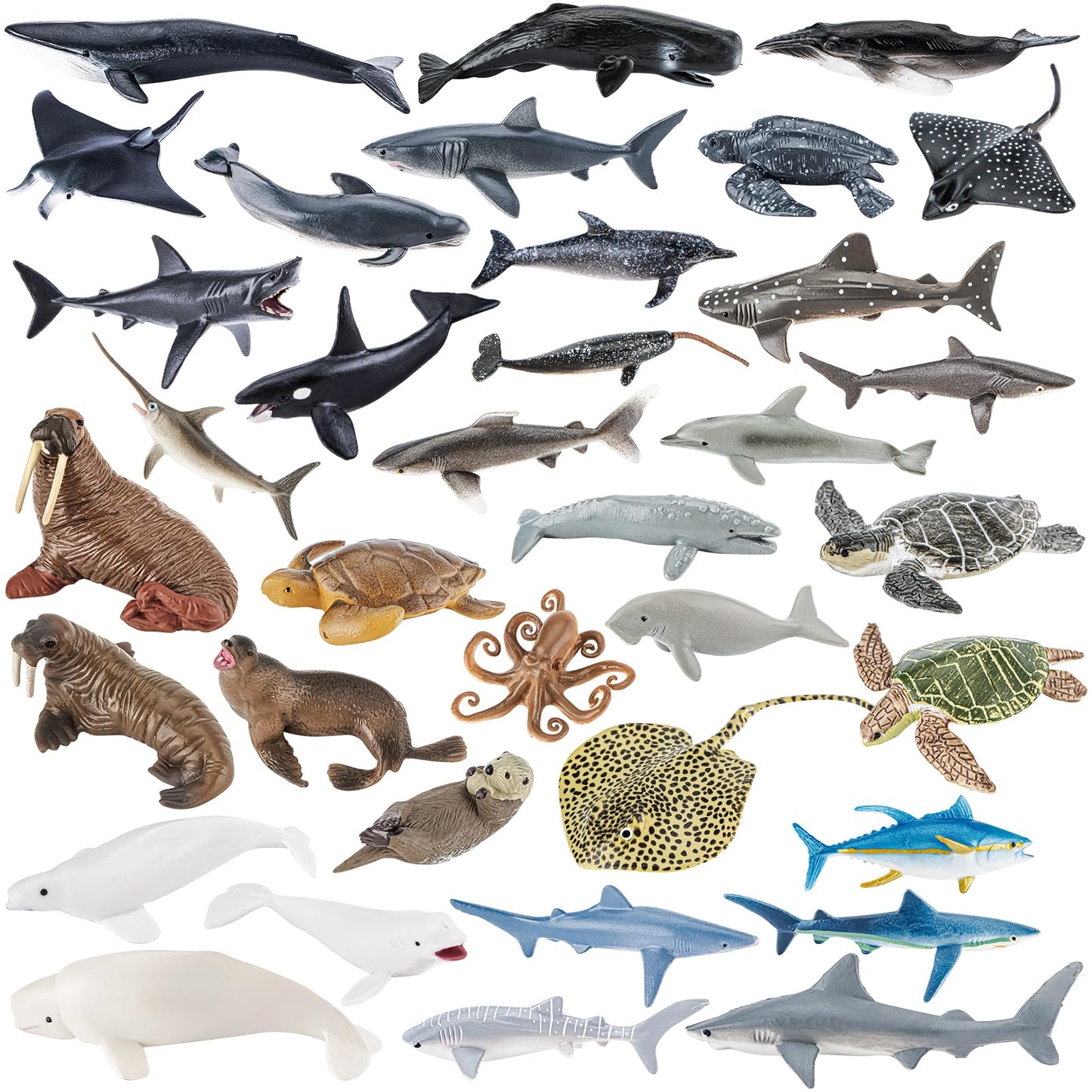 THINKBAY 36PCS Sea Animal Toys with Shark, Whale, Octopus & Other Ocean Animal FigurinesToys for Kids, Ocean Theme Cake Toppers Party Favors Birthday Gift for Boys Girls