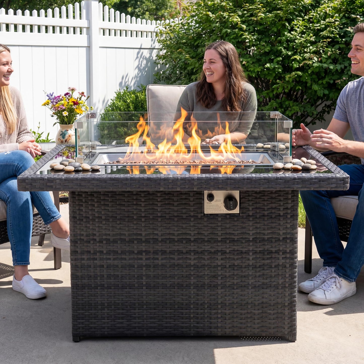 BULEXYARD PE Wicker 43" Patio Outdoor Propane Fire Pit Table with Waterproof Cover 55,000 BTU Auto-Ignition Gas Fire Pit Table with 8mm Tempered Glass Table Top and Glass Stone (Grey)
