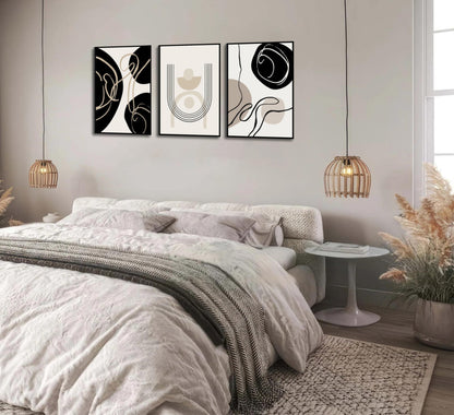3Pcs Boho Neutral Geometric Wall Art Black and white minimalism Line Painting Wall Decor Mid Century Modern Abstract Poster Print Artwork for Living Room Bedroom Bathroom Home Decoration Unframed