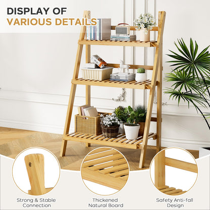 Foldable Ladder Shelf 39.4", Plant Shelf 3 Tier, Bamboo Ladder Flower Pot Display Shelf, Freestanding Ladder Bookshelf for Living Room, Balcony, Yard, Garden, 23.6"W x 15"D x 39.4"H, Natural