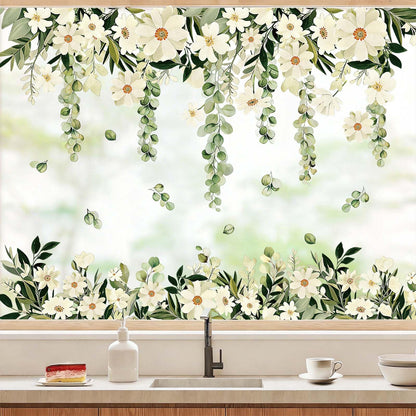 Daisy Spring Flowers Window Clings Eucalyptus Leaves Window Decals Hanging Vine Floral Leaf Double-Sided Reusable for Home School Office Decor Party Supplies,6 Sheets