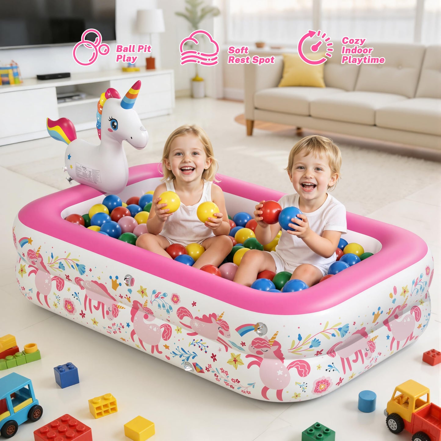 JOSEN Unicorn Kiddie Pool with Canopy and Sprinkler, Inflatable Baby Pool with Soft Cushioned Floor, Portable Toddler Blow Up Pool Ball Pit for Backyard, Outdoor/Indoor Play Toys