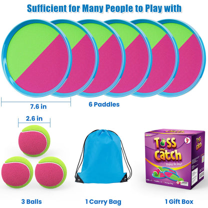 Aywewii Toss and Catch Ball Set Game Kids Outdoor Toys for Beach Pool Yard, Birthday Gift for Boy Girl Ages 3 4 5 6 7 8-12 Year Old, Outside Family Party Camping Games, 6 Paddles 3 Balls & Carry Bag