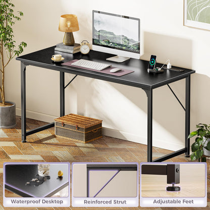 PRAISUN 55 X 20 Inch Office Computer Desk with Power Outlets and USB-C Port, Larger and Longer Gaming Desk, for Home Office, Study, Bedroom, Writing Work from Home Table, Metal Frame, Black