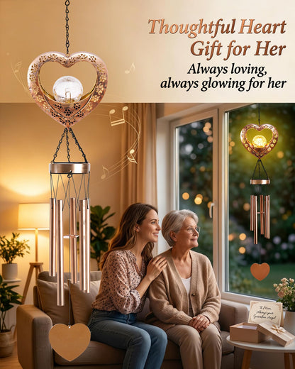 Nacome Solar Heart Wind Chimes for Outside: Weatherproof Metal Outdoor Decor Easy Hanging for Garden Patio Tree Window - Melodious Mother's Day Birthday Gifts for Mom Women Mom Grandma Her Wife