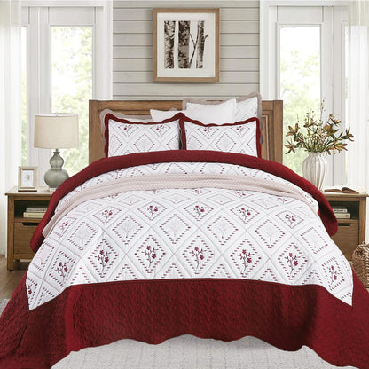 Cmfshape Floral Embroidery Quilt Set,3 Pieces Oversized King Quilt Bedding Set,Classic Diamond Pattern Quilts,Ultra Soft Lightweight Reversible Bedspread Coverlets for All Season(Burgundy,120"x120")