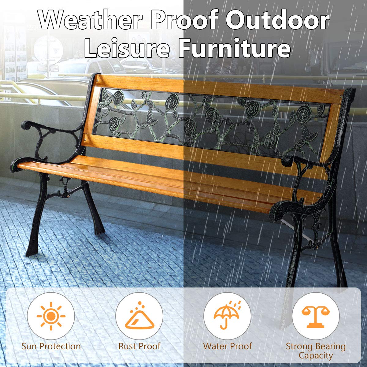 Giantex 50'' Patio Park Garden Bench, Outdoor Furniture Rose Cast Iron Hardwood Frame Porch Loveseat for 2 Person Outdoor Clearance