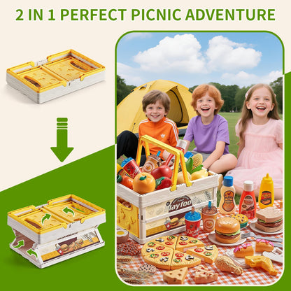 Play Food Sets for Kids Kitchen, Wheat Straw Pretend Food Toys with Kids Picnic Basket and Picnic Blanket, Cutting Toy Food, Fake Food with Pizza Toy, Play Kitchen Accessories, STEM Gift for Boy Girl