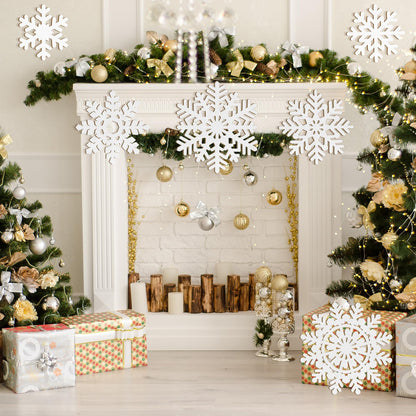 Wooden Large Snowflake Ornaments Sign Christmas Decorations 6 Pack, Wood Hollow White Snowflakes Crafts Winter Hanging Plaques Decorations 6 Size of Cutouts New Year Wall Bedroom Living Room Decor