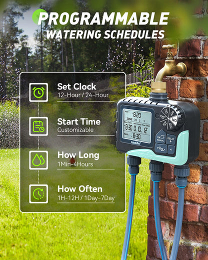 RAINPOINT 3 Zone Sprinkler Timer with Brass Inlet, Water Timer for Garden Hose,Rain Delay/Manual/Automatic Watering System, Hose,Hose Timers for Watering with IP65 Waterproof, Large LCD for Yard
