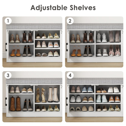 Suuiwau 3-Tier Shoe Storage Bench with Adjustable Shelf, Large Capacity Entryway Shoe Bench with Thickened Padded Seat Cushion and 3 Doors for Entry, Bedroom, Hallway (White,42.5 * 14in)