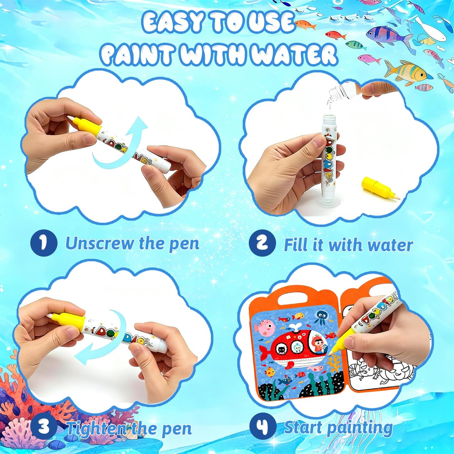 Usmfuie 3 Pcs Reusable Water Painting Book for Toddlers, Water Coloring Books for Kids, Paint with Water Books, Magic Water Color Paint Book with Pen, Water Doodle Book Travel Toys