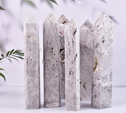 Large Mexican White Agate Stone Wand Healing Crystal Obelisk Tower 6 Faceted Column Reiki Chakra Meditation Therapy 2.2-2.6 LBS