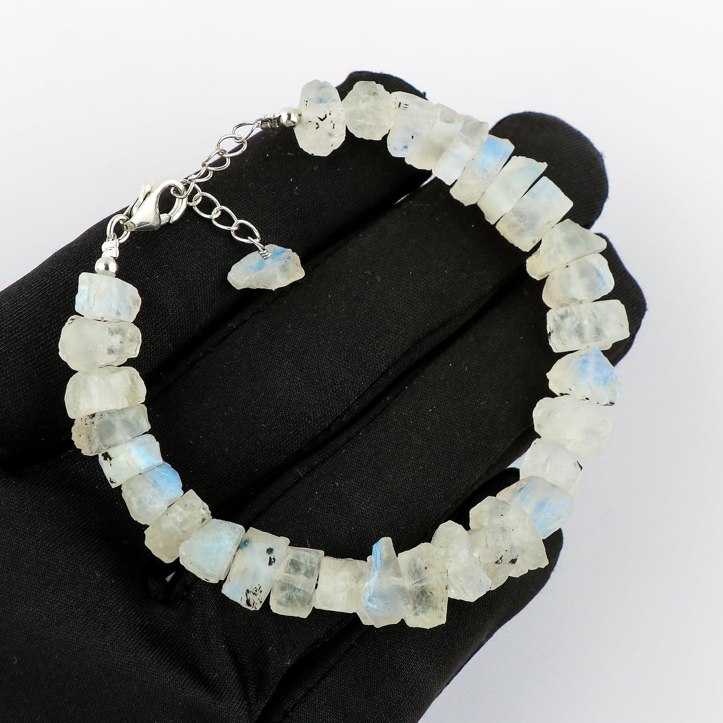 CRYSTALIS Natural Raw Rainbow Moonstone Adjustable Bracelet, High Grade Rough Gemstones, Chakra, Healing Crystals, Gift Giving Jewelry, 925 Sterling Silver Womens Bracelet 8 inch