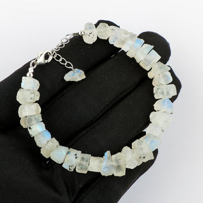 CRYSTALIS Natural Raw Rainbow Moonstone Adjustable Bracelet, High Grade Rough Gemstones, Chakra, Healing Crystals, Gift Giving Jewelry, 925 Sterling Silver Womens Bracelet 8 inch