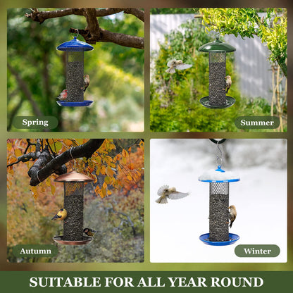 Kingsyard Mesh Tube Bird Feeders for Outdoors Hanging, All Metal, Wild Bird Feeder for Sunflower Seeds or Mealworm, Large Tray & Weatherproof Roof, 2.5 lbs Capacity (Antique Copper)