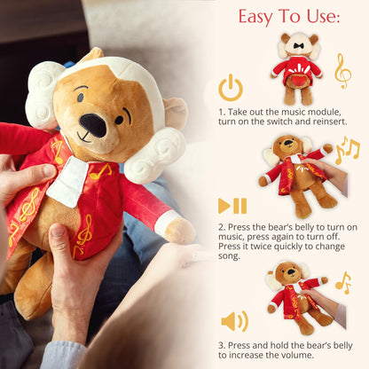 Vosego Amadeus Mozart Plush Bear – Plays 40 Mins of Classical Music, Educational & Soothing Interactive Teddy Bear for Babies & Toddlers, Perfect