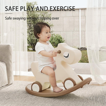 Deer COCO 4 in 1 Rocking Horse for Toddlers 1-3, Baby Ride On Toys with Balance Board & Push Handle, Convertible Push Car, Birthday Gift for 1 Year Old Boys Girls (Tan)