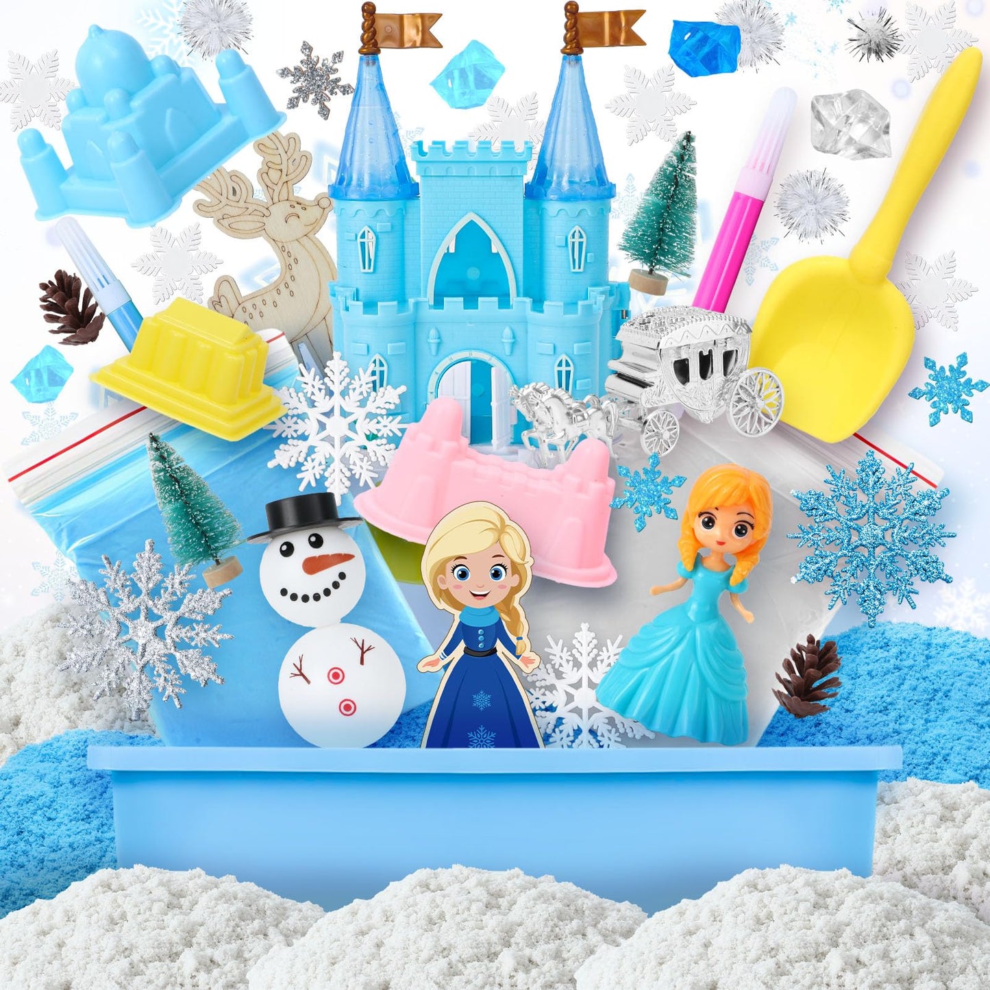 G.C Sensory Bin for Girl Kid Toy, Play Sand Art Kit with Sandbox/2lb Sand/Castle/Molds/Princess Figure, Winter Sensory Toy Christmas Birthday Gift for Girl Toddler Ages 3 4 5 6 7 8