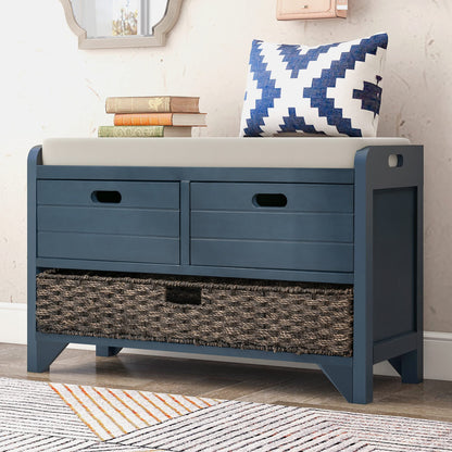 P PURLOVE Wood Storage Bench with Removable Basket and 2 Drawer,Fully Assembled Entryway Storage Bench Shoe Bench with Removable Cushion for Hallway Entryway Living Room