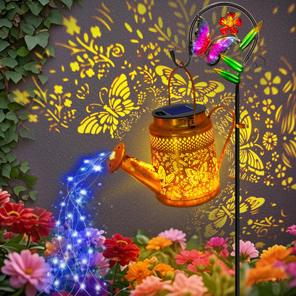 ANGMLN Butterfly Solar Lights Outdoor Waterproof, Solar Watering Can Lights with Shepherd Hook, Metal Hanging Lantern Garden Decor Yard Outside Patio Lawn, Gifts for Mom Grandma Women Birthday
