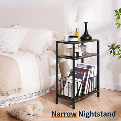 Yoobure Narrow Side Table with Storage Basket, Small End Table for Small Spaces Skinny Side Tables Living Room Bedroom, Slim Nightstand 3 Tier Bedside Table Space-Saving for Magazine, Rustic Brown