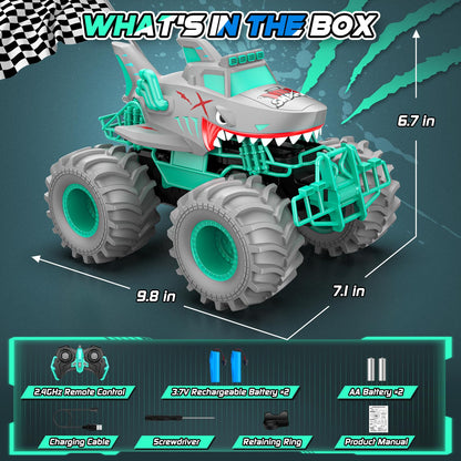 Salazaza Waterproof Shark Remote Control Car, 1:16 Amphibious RC Cars 4WD All Terrain Off Road Monster Trucks Toys, RC Truck Toys for Kids 3-5 6-8 8-12 Year Old Boy Birthday Gift, Gray
