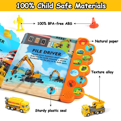 iGRATENS Construction Toys with Sound Books - Dig It! Dump It! Build It! Construction Board Book with 10 Buttons & 20 PCS Toys for 3+ Year Old, Great for Little Alloy Truck Lovers Kids