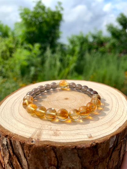 Handmade Genuine Citrine&Smoky Quartz Beads Bracelet, ABUNDANCE GROUNDING STONE Healing Crystals Birthstone Chakra Adjustable Stretch Bangle Cuff Jewelry Gift for Women Men