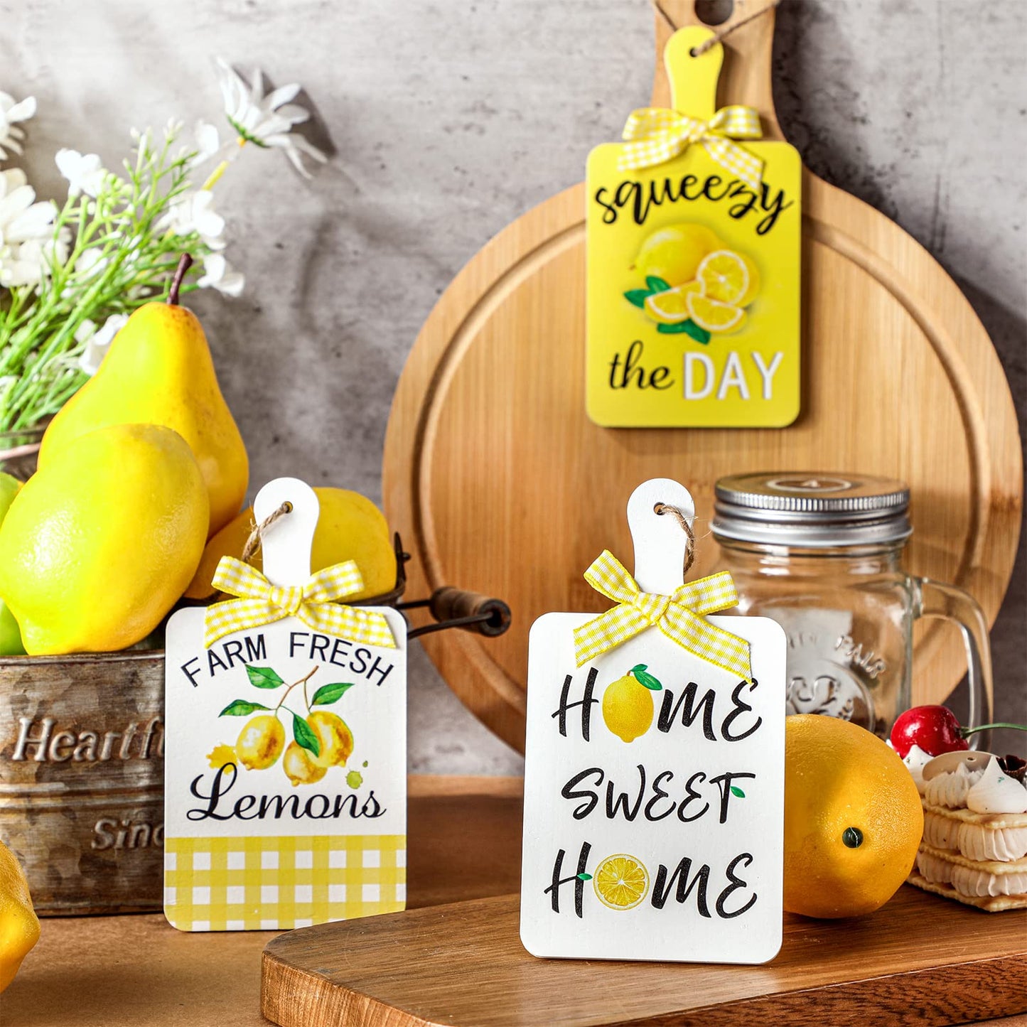 Yookeer 3 Pieces Wooden Hanging Signs Wall Decor Farmhouse Wood Hanging Signs for Home Kitchen(Lemon)