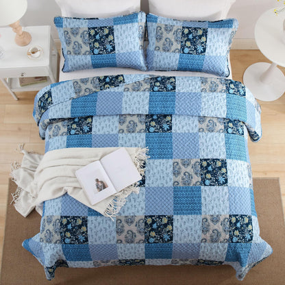 Xruibed Blue Quilt Set Queen Size 3 Pieces Plaid Floral Boho Bedspread Coverlet Set Patchwork Pattern Reversible Bedding Set Soft Microfiber Bedspread Set Queen for All Season(Queen 96"x90")
