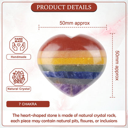 Crocon 50mm 7 Chakra Heart Stone Big Heart Shape Puff Stones Set 450+ Carats Pocket Crystal Healing Tumble Collection Palm Worry Stone Good Luck Charm Meditation Gift Craft Home Decor