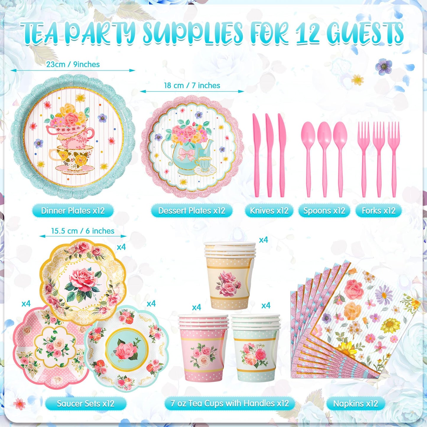 SiliFine 106 Pcs Tea Party Supplies for 12 Guests Include Plates Tea Cups Saucers Napkins Cupcake Stand Tablecloth Banners Floral Tea Party Tableware Set for Girls Birthday Baby Shower Party Favors