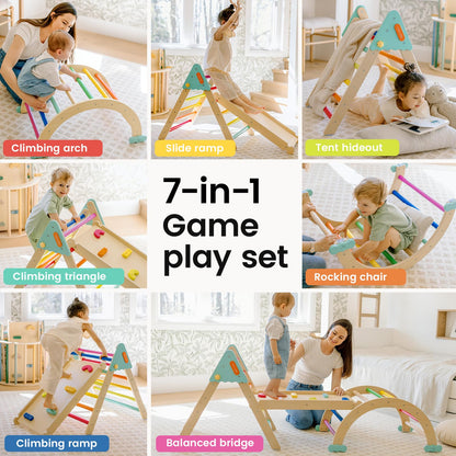 Tiny Land Pikler Triangle Set,7-in-1 Foldable Montessori Toddler Climbing Toys Indoor, Wooden Playground Jungle Gym for Kids, Climber Gift for Boys & Girls Toddler Climbing Toys (Rainbow)