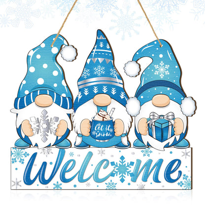 Panelee Winter Welcome Door Sign Gnome Hanging Decoration Let It Snow Wooden Gnome Sign Blue Snowflake Door Hanger with Rope Hanging Decoration for Front Porch Home Winter