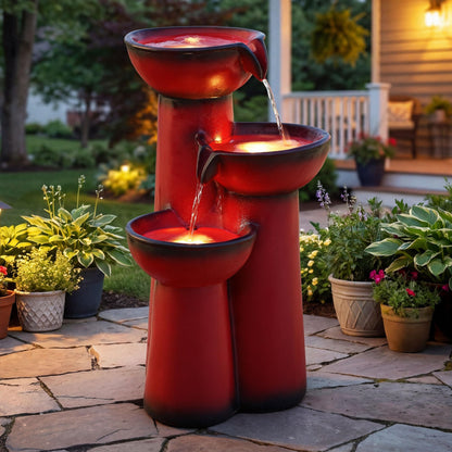 Ultym 27" Outdoor Water Fountain with LED Lights, 3-Tier Cascading Faux Ceramic Column Water Feature with Pump for Garden Patio Backyard, Weather-Resistant Resin Waterfall for Serene Oasis, Red
