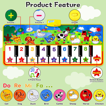 Piano Mat - 53" x 23" Musical Mat 8 Animals Sounds Dance Mat for Kids Touch Play Dancing Mat Toy Gifts for 1 2 3 4 5 6 Year Old Girls Boys