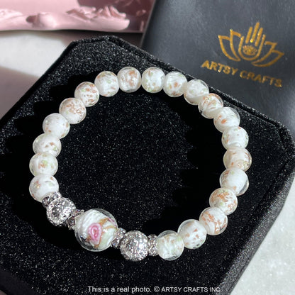 ARTSY Crafts Glow in the Dark Firefly Beads Bracelet for Women, Luminous Glass Beads Healing Crystal Glowing Beaded Bracelets, Mermaid Bracelet, Stretch Stackable Bangle Wristband (White)