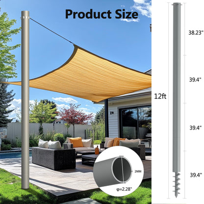Yakmax Shade Sail Poles, Heavy Duty Sun Shade Poles, Screw in Poles for Sun Shades Outdoor, 12 Ft Sun Shade Sail Poles with D-Clamps, 2.28" Sun Shade Pole Kit for Ground Soil Backyard, 2 Packs