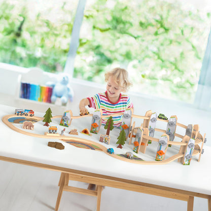 Wooden Train Set 141 Pc Build and Play Elevated Track System STEAM Accredited National Park Animal Railway Multi Level Spiral STEM Toy Gift for Grandkids Kids Toddlers Compatible Thomas Brio Railway
