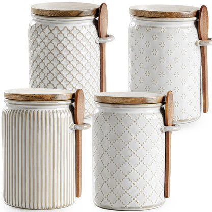 getstar Small Canisters Sets for the Kitchen, 20 oz Sugar Coffee Tea Storage Containers, Ceramic Kitchen Canisters for Countertop Set of 4 with Airtight Lids and Teaspoons