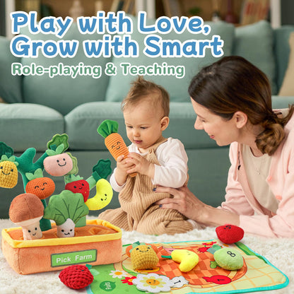 Mini Tudou Baby Toys 6-12 Months-Fruits Veggies Farm Stuffed Toys 15PCS-Sensory Educational Toy Mushroom Carrot with Rattle Squeaker Crinkle Texture Color Shape Number Matching Gifts