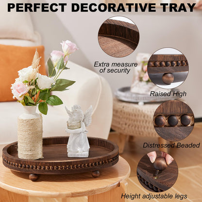 Wooden Decorative Tray-16×11.8in Wood Beaded Coffee Table Decor Tray, Rustic Farmhouse Decor Tray for Living Room, Bathroom, Kitchen Dining Table, Serving Tray Home Decor