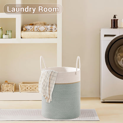 SunNewt Tall Laundry Basket with Handles, 72L Portable Dirty Clothes Hamper, Boho Cotton Rope Storage Bin for Blankets Kids Toys Gifts, Large Organizer for Baby Nursery Bedroom Bathroom, Sage Green