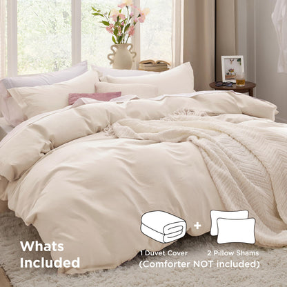 Bedsure Oat Milk Duvet Cover Queen Size - 3 Pieces Prewashed Cotton-Like Polyester Extra Soft Bedding Set, Includes 1 Duvet Cover 90x90 Inches with Zipper Closure & 2 Pillow Shams, No Comforter