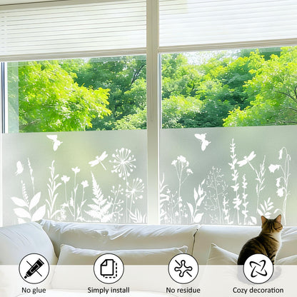 Niviy White Flowes Butterfly Window Clings Spring Summer Window Decals Frosted Glass Window Film Decorative Patterns, Non-Adhesive Reusable Sunroof Decal for Car and Home (Flower, 17.5 x 78.7 in)